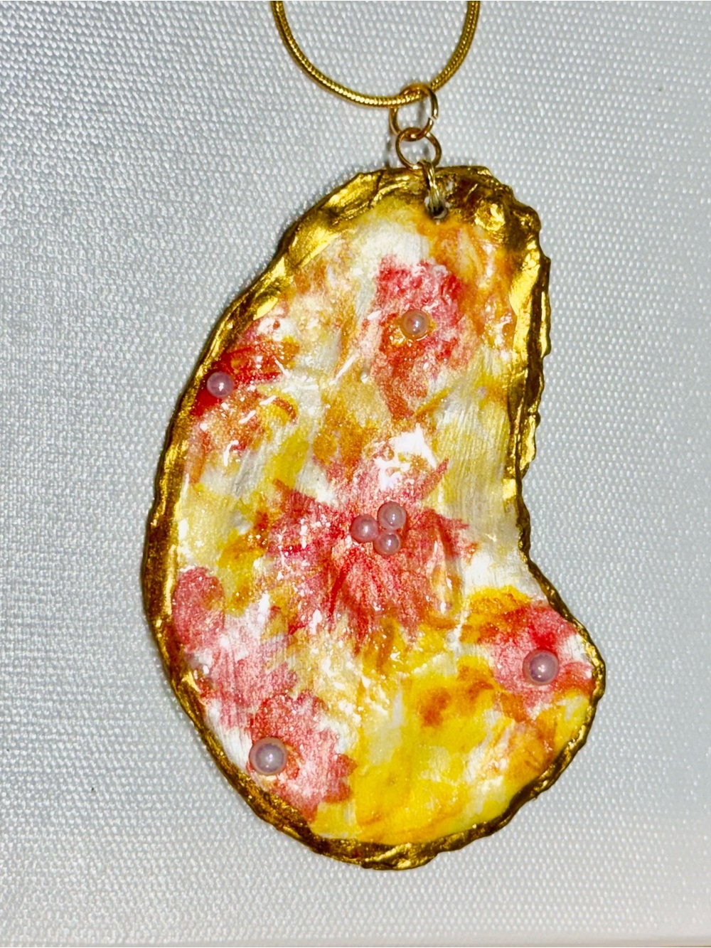 Handmade by Me Gold Plated Necklace Decoupage shell- Yellow & Pink